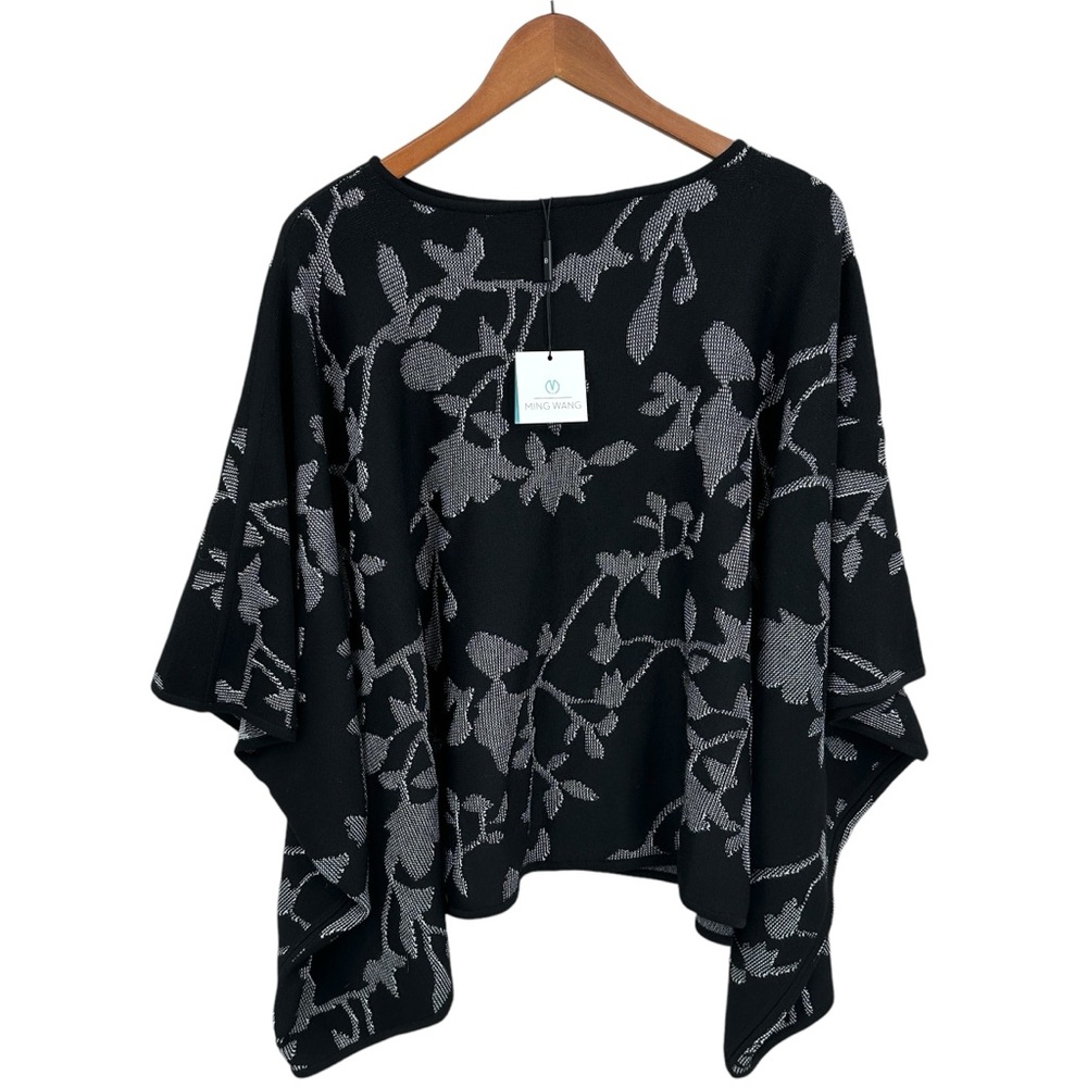 New MING WANG Poncho Wrap Knit Floral Jacquard Oversized